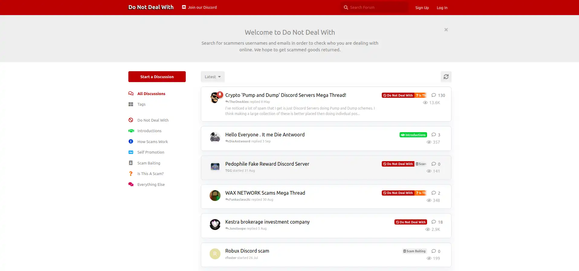 DNDW - A Flarum forum website using the acronym "Do Not Deal With" having the goal of reporting and tracking scams.