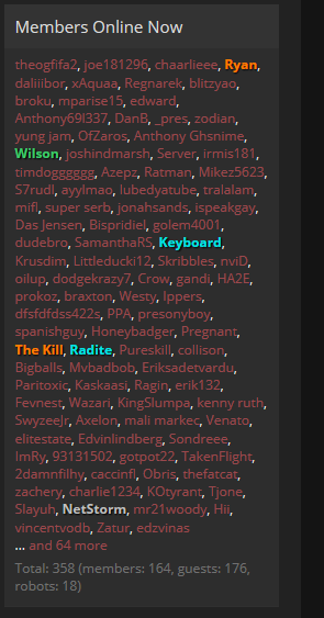 A display of the username and total users of Lets Flip during peak times. 358 total, 164 members, 176 guests and 18 robots. 